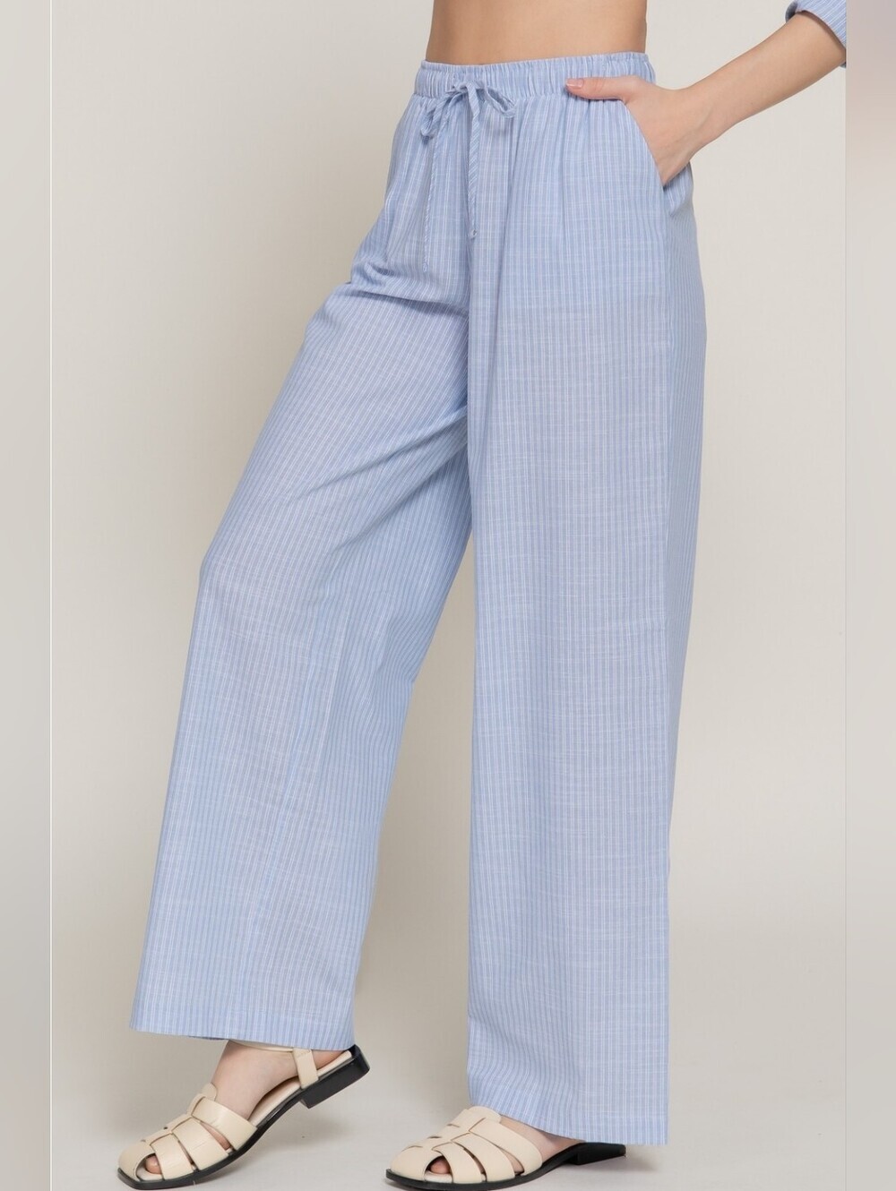 ​Active USA Coastal Blue Stripe 100% Cotton Gauze Wide-Leg Pants with Pockets